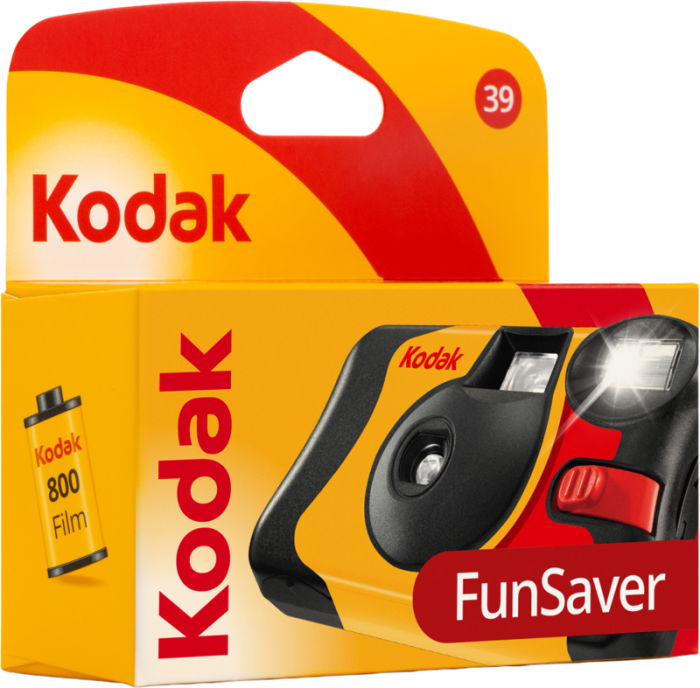 aparat jednorazowy Kodak FunSaver 800 z filmem kolorowym 39 zdjęć. Oryginalne żółto-czerwone opakowanie kultowego aparatu analogowego z wbudowaną lampą błyskową flash.