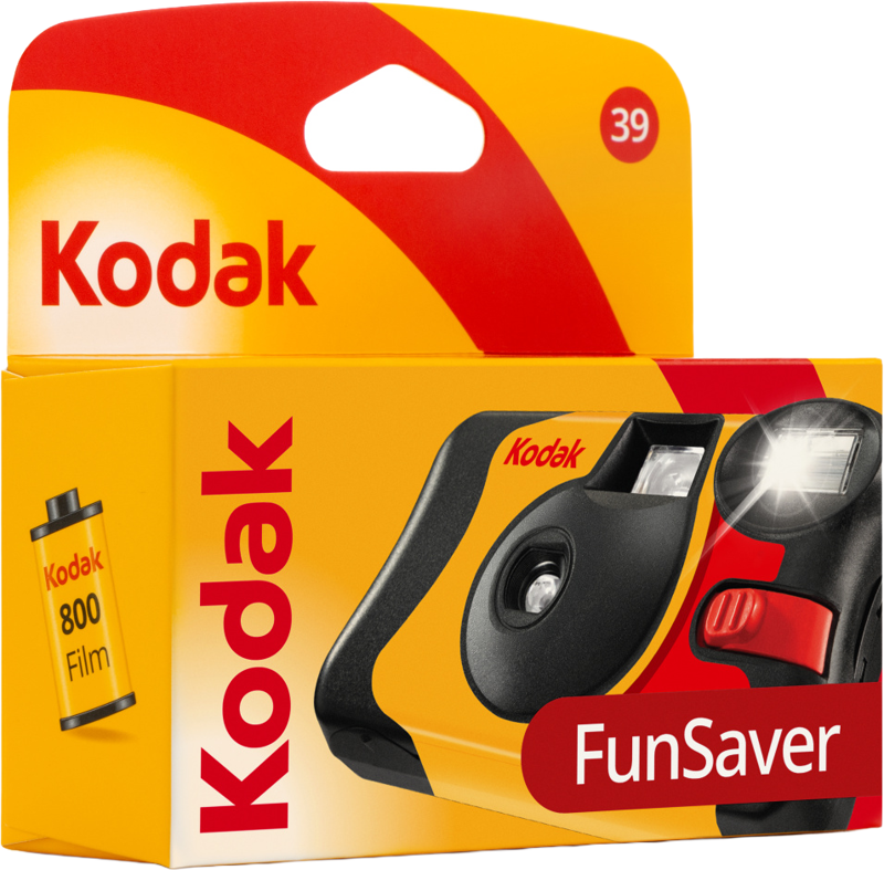 aparat jednorazowy Kodak FunSaver 800 z filmem kolorowym 39 zdjęć. Oryginalne żółto-czerwone opakowanie kultowego aparatu analogowego z wbudowaną lampą błyskową flash.